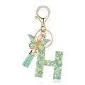Green resin letter H keychain with butterfly charm, glitter sequins and mint green tassel - Green Butterfly H