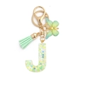 Green resin letter J keychain with butterfly charm and light green tassel for women - Green Butterfly J
