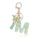 Letter M keychain with green resin, glitter sequins, butterfly charm and silk tassel - Green Butterfly M