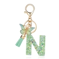 Letter N resin keychain with mint green sequins, butterfly charm, and decorative tassel - Green Butterfly N
