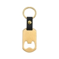 Golden brushed stainless steel keychain bottle opener with black leather strap detail - Gold
