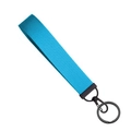 Close-up of bright sky blue woven wrist lanyard with black matte metal clasp and key ring - Blue