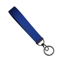 Close-up of navy blue nylon woven strap keychain with matte black metal swivel hook and ring - Sapphire Blue
