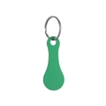 Green plastic trolley token keychain with a silver metal ring on a plain white background - Green
