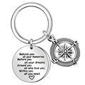 Kompas sleutelhanger van roestvrij staal met gegraveerde ronde hanger voor rugzak cadeau - Herinneringsquote (Behind you...)