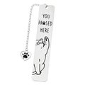 Cute silver cat bookmark with heart paw pendant and You Passed Here engraving - Cat B