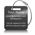 Brushed black stainless steel luggage tag with steel cable loop and identification info - 55mm Square Style / Black