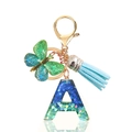 Blue glitter resin letter A keychain with butterfly charm and light blue tassel - Letter A