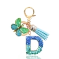 Blue glitter resin letter D keychain with butterfly charm and tassel on gold ring - Letter D