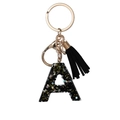 Fashionable black resin letter A keychain with gold foil sequins and black tassel charm - Letter A