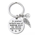 Sister stainless steel keychain with wing pendant and pearl featuring engraved quote - OPP Bag Packaging / Friend to the Spirit (sister003)