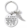 Stainless steel sister keychain with angel wing, pearl bead and engraved heart message - OPP Bag Packaging / Walking Together Quote (sister002)