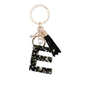 Black resin letter E keychain with colorful star sequins and a black tassel charm - Letter E