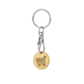 Golden trolley token keychain with shopping cart icon on a stainless steel ring - Gold Shopping Coin