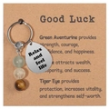 Detail of natural stone keychain with drop tag and Aventurine Tiger Eye beads - Good Luck