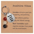 Natural gemstone keychain with Carnelian Citrine Black Tourmaline and engraved steel tag - Positive Vibes