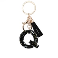 Black resin letter Q keychain with gold sparkles and matching black tassel pendant - Letter Q