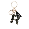 Letter R black resin keychain with colorful star sequins and gold tassel charm - Letter R