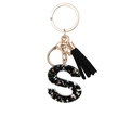 Black resin letter S keychain with gold ring, glitters, and black suede tassel charm - Letter S