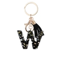 Sparkling black resin letter W keychain with gold ring and black leather tassel charm - Letter W