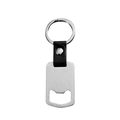Brushed stainless steel bottle opener keychain with black leather strap on white background - Steel