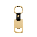 Golden stainless steel bottle opener keychain with black leather strap for men - Gold
