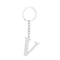 Close-up of silver letter V keychain with brushed stainless steel finish and chain - Letter V