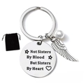 Stainless steel sister keychain with engraved heart charm, wing pendant and pearl bead - Velvet Bag Packing / Sisterhood Text 1 (sister001)