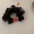 Elegant black mesh hair scrunchie with a vintage red and gold heart-shaped charm - Heart Style (A-3318-1)