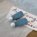 Fermagli per capelli in denim con perle bianche per un look vintage elegante e moderno - Azzurro