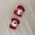 Detail of red velvet bow hair clips with white faux fur, pearls, and heart gems - Solid Red Bow Style (D-4963-1)