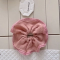Plush pink mink fur knit scrunchie with delicate crochet lace trim for winter styling - Pink (D-4144-1)