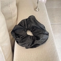 Retro black textured oversized scrunchie for women with matte pleated fabric design - Black