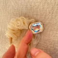 Elegant beige organza scrunchie with large rectangular gemstone detail for women - Small Rectangle Rhinestone Style (A-3405-1)