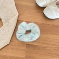 Sweet mint green mohair knit hair scrunchie with soft fuzzy texture on wooden background - Blue (D-4847-4)