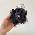 Elegant black satin scrunchie with layered organza bows for chic hair styling - Style 1 (D-4251-1)