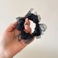 Elegant black satin hair scrunchie with layered organza bow and sheer mesh details - Style 2 (D-4251-2)