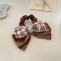 Elastico in velluto marrone con fiocco in tweed e centro di diamanti lucidi - Marrone Plaid (A-3268-2)