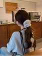 Plush faux mink fur scrunchie in light gray shown on a ponytail in a cozy cafe - Gray (D-4689-2)