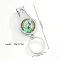 Detail of dragonfly nail clipper keychain with colorful peacock pattern and size specs - Peacock Style (Style 10)