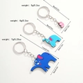 Three sizes of elephant wooden keychains in pink, light blue, and dark blue with dimensions - Elephant Family Style