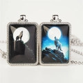 Wolf howling at moon themed rectangular pendant necklaces with ball chains in silver finish - Style 1 Necklace