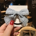 Light blue lace bow hair tie with delicate hollow patterns on white display card - Light Blue Lace Hair Elastic (F193-1) / Blue