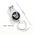 Close-up of 3-in-1 multi-tool keychain with size measurements and floral letter E design - Letter E