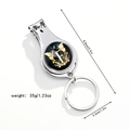 Macro detail of 3-in-1 multifunctional keychain with butterfly design and size specifications - Letter F