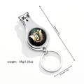 Detail view of 3-in-1 silver metal keychain showing dimensions, nail clipper and bottle opener - Letter J
