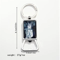 Detail view of silver metal bottle opener keychain with cat and tiger art dimensions - Two Cats with Tiger Reflection (Style 7)