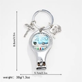 Detail showing camping theme multi-function nail clipper keychain with dimensions and weight - Blue Happy Camper Style (11)