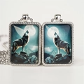 Silver wolf pendant necklace featuring an artistic howling wolf at night design - Style 2 Necklace