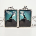 Silver wolf howling at moon glass cabochon rectangle pendant necklace set - Style 3 Necklace